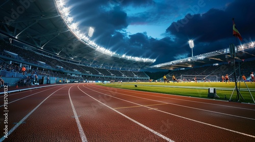 Track and field track in a big arena made with Ai generative technology