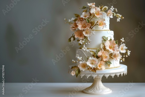 An exquisitely designed wedding cake, featuring delicate floral decorations with gold accents, showcased on a classic white pedestal. Perfect for celebrations and matrimonial events.