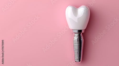 A tooth is shown with a silver screw in it. The tooth is missing and the screw is being used to replace it. Concept of dental care and the importance of maintaining good oral hygiene