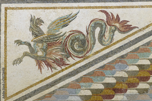 Gryphocampus (sea gryphon), its head twisting backwards, House of the Hospital mosaic, Palestrina