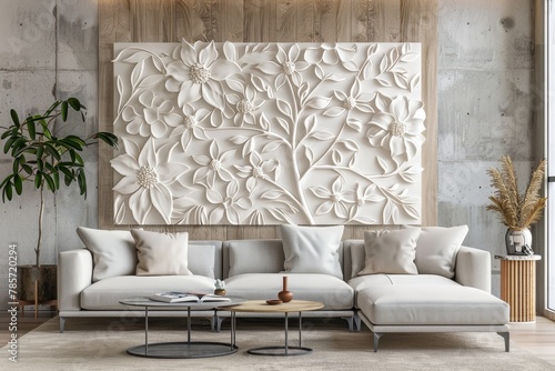 Intricate White Floral Plaster Relief on Wall
