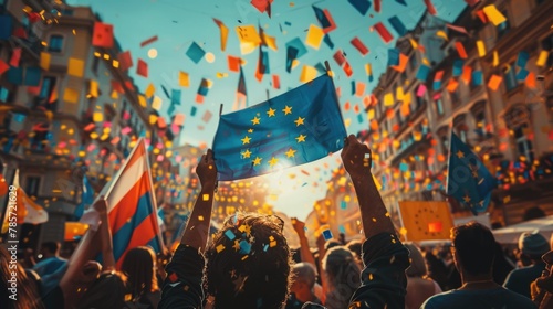 Joyful crowd with vibrant flags celebrates Europe Day amidst colorful confetti, embodying the spirit of unity and festivity