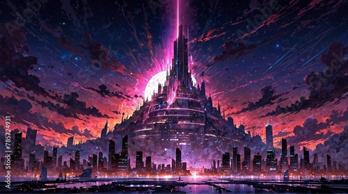 In a glitching cyberpunk novel space anomaly, a towering enigmatic structure pulsates with neon hues and flickering holographic projections
