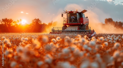 A combine harvester is gathering cotton in an Ecoregion field at sunset