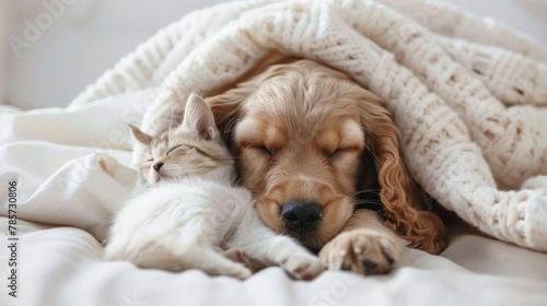 Cat and dog peacefully sleeping together, showcasing the bond of love and friendship between kitten and puppy, reflecting the care and companionship found in domestic animals.