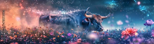 Taurus in a spring meadow, calm and strong, cinematic with wildflowers swaying in a gentle breeze