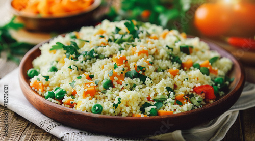 A bowl of couscous with a variety of vegetables and grains