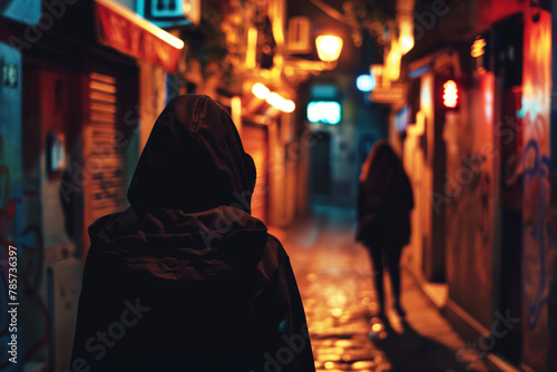 Man in Hood Following Alone Woman at Night Dark Street