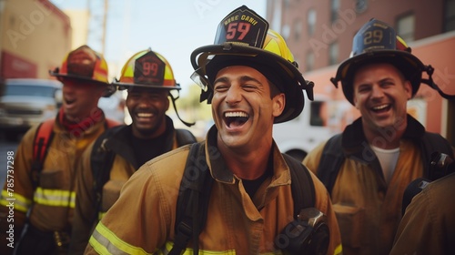 Hispanic firefighter man laughing with other firefighters.