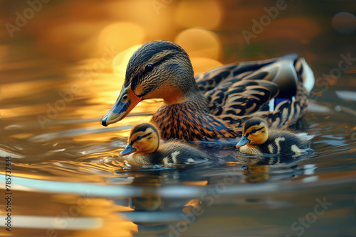 A mother duck leads her ducklings across the tranquil pond during the golden hour.