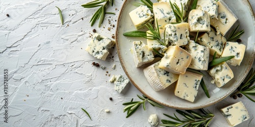 Cubed blue cheese on a ceramic plate with rosemary sprigs and black peppercorns