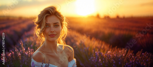 Bella donna felice in un campo di lavanda della Francia meridionale al tramonto durante una vacanza vestita con un abito di lino bianco