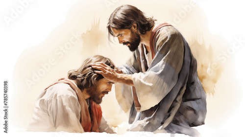 Jesus healing the blind man by touching his eyes. , watercolor style, white background