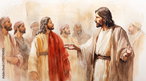Jesus before Pilate, being questioned and judged. , watercolor style, white background