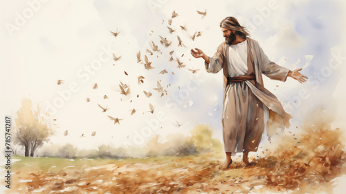 The parable of the sower, with Jesus scattering seeds. , watercolor style, white background