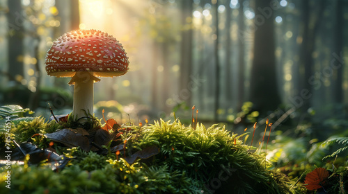 A red mushroom is sitting on a patch of moss in a forest