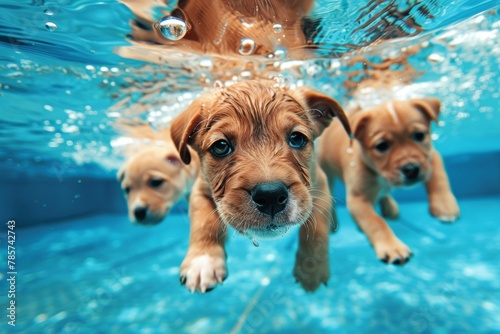 Three puppies are swimming in a pool. Summer heat concept, backdrop
