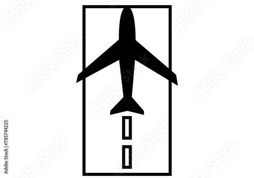 Icono negro de pista de aeropuerto con avión despegando.