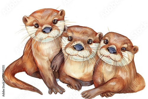 Watercolor Three playful otter pups stack atop one another, their whiskered grins suspended in space , watercolor illustration, isolated on white background,