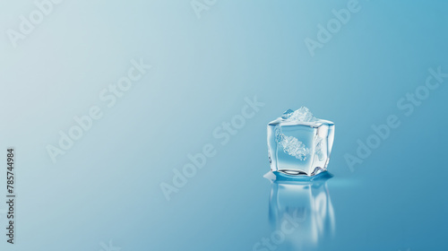 A minimalist image of a lone ice cube melting on a bright blue background, symbolizing global warming. 