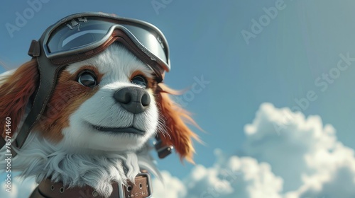 Adventurous cartoon dog wearing a pilot cap, sky blue background for dreams of flight and exploration.