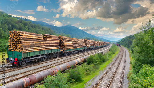Waldwirtschaft, Holzindustrie, langer Güterzug mit Güterwagen beladen mit Holzstämmen, KI generiert