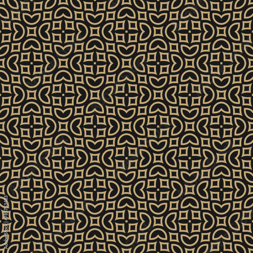 Vector floral seamless pattern in oriental style. Black and gold minimal texture with flowers, leaves, petals. Simple golden geometric background. Abstract arabesque ornament. Luxury repeating design