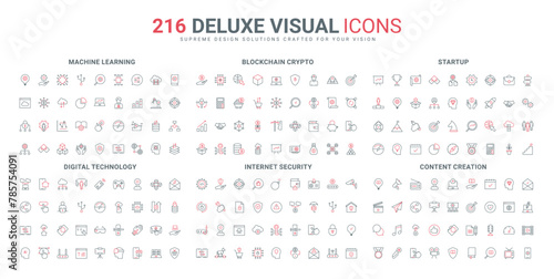 Internet technology for startup growth, development, machine learning line icons set. Cyber shield for personal information, content creation, blockchain thin black and red symbols vector illustration