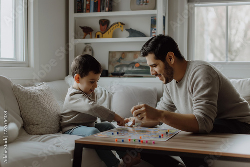 Cozy indoor play, father and son concentrate on a board game on a relaxing lazy afternoon.