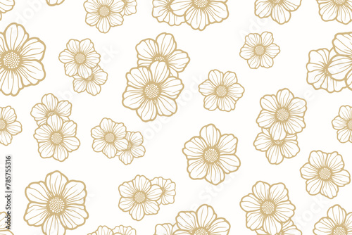 Vector seamless floral pattern. Luxury gold and white botanical ornament with simple outline flower silhouettes. Elegant minimal beautiful golden background texture. Repeating design for decor, print