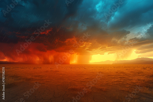 The confrontation of a thunderstorm and a drought-stricken land, depicting the clash between abundant rain and parched earth. Concept of opposing weather conditions. Generative Ai.