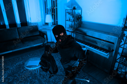 Silhouette of a burglar with a crowbar in an apartment