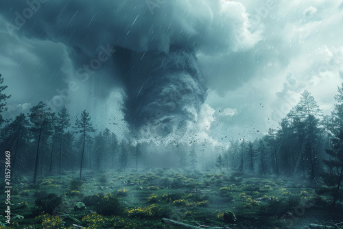 The meeting point of a tornado and a forested area, depicting the collision of destructive winds and wooded landscapes. Concept of tornado damage to natural habitats. Generative Ai.