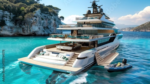 Luxury Lifestyle Photography of an Opulent Yacht at a Rocky Cove. Modern Superyacht Anchored in Turquoise Waters by Limestone Cliffs.
