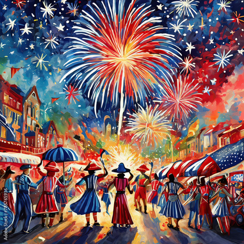 Illustration of a parade and fireworks on the 4th of July 
