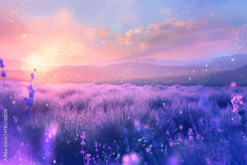 Captivating digital art of a lavender field at sunset, evoking tranquility with gentle hues of purple and blue, subtle gradients, and delicate textures.