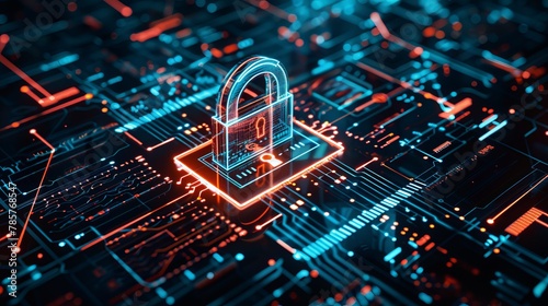 A digital padlock icon symbolizes cyber security and network data protection technology, featuring a virtual interface dashboard for online privacy and business data security