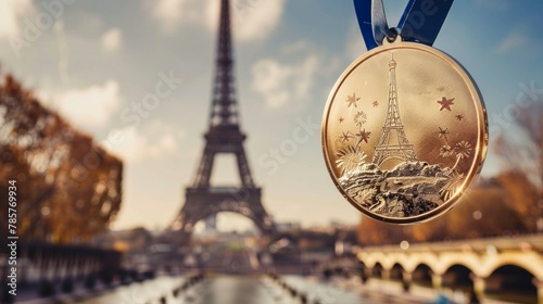 gold olympic medal with the figure of the eiffel tower with the eiffel tower in the background