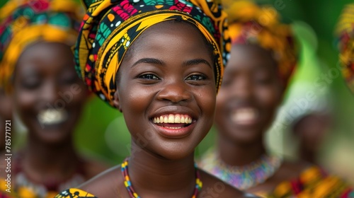 A woman with a colorful head scarf is smiling