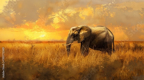 Lone elephant in savannah, oil paint style, golden hour, vast view, rich textures, serene mood. 