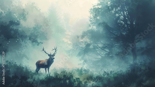 Majestic stag in misty forest, oil painting effect, dawn light, serene aura, soft greens. 