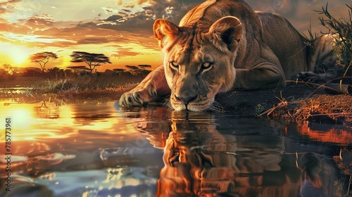 Lioness by watering hole, oil painting effect, serene setting, twilight colors, reflective calm. 
