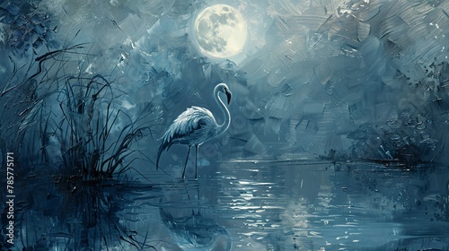 Mystical flamingo under moonlight, dynamic oil painting style, ethereal glow, silver light, tranquil blues. 