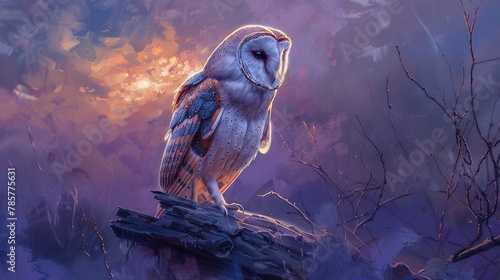 Barn owl in twilight, oil painting technique, dusk colors, tranquil pose, soft purples and blues. 