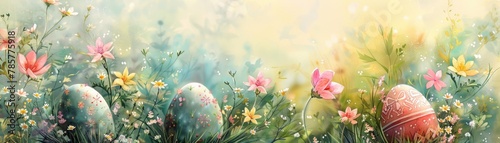Idyllic springtime scene with Easter eggs among blooming flowers, soft tones, fine details, high resolution, high detail, 32K Ultra HD, copyspace, watercolor hand drawn