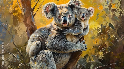Mother koala with joey on back, classic oil painting look, protective journey, warm sunlight, tender care. 