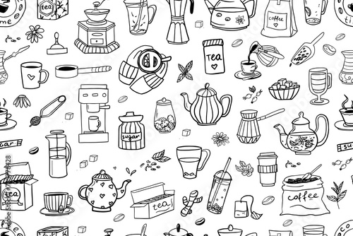 Seamless pattern of hand drawn coffee and tea theme elements in doodle style. Coffee time. Tea shop. Vector illustration EPS10. Isolated on white background