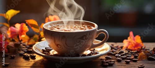 A cup of freshly brewed hot coffe, steam escaping, bright kitchen table background