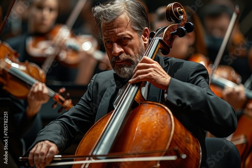 A man playing the cello in an orchestra during a concert