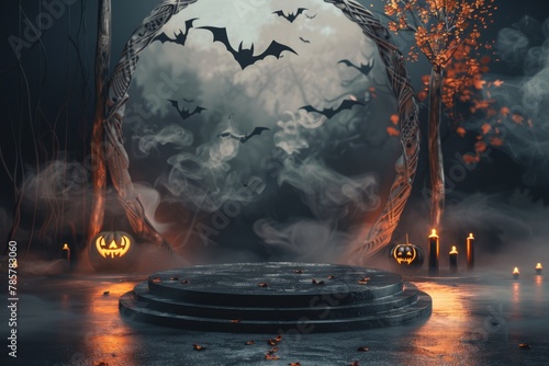 Halloween Scene With Bats and Pumpkins
